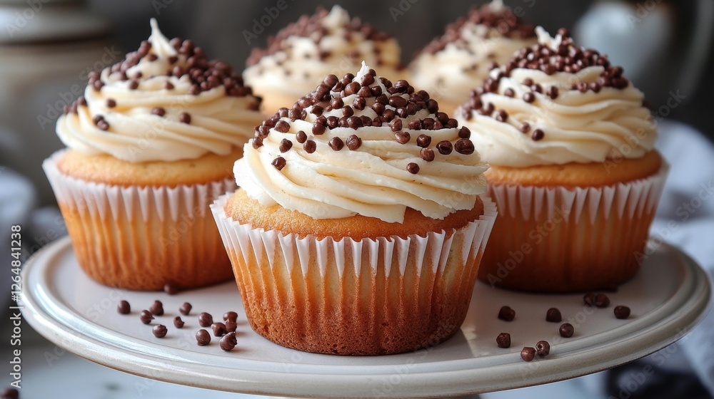 Cupcakes with creamy frosting and chocolate sprinkles on a plate. Generative AI Cupcakes with creamy frosting and chocolate sprinkles on a plate. Generative AI