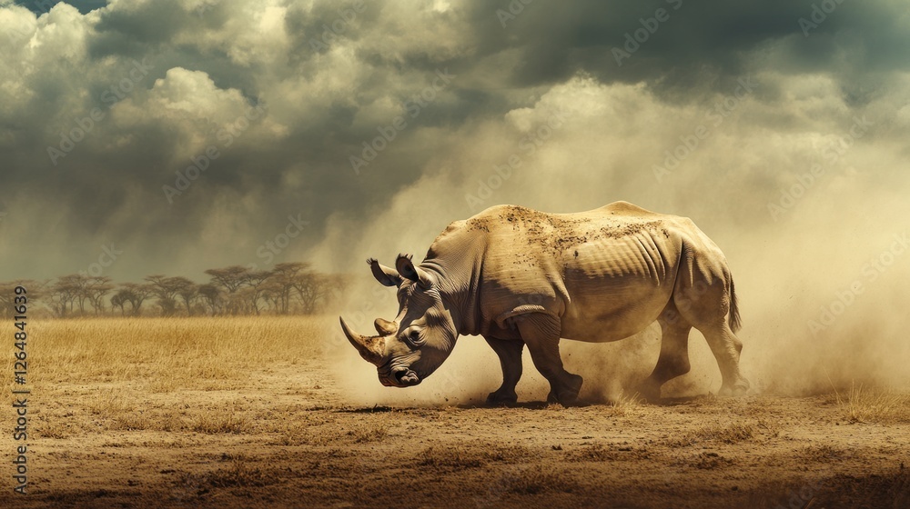 Fototapeta premium A massive black rhinoceros standing in a dusty, sun-scorched plain, with dry grass and distant acacia trees. The rhino is grazing, with dust kicked up around its feet.