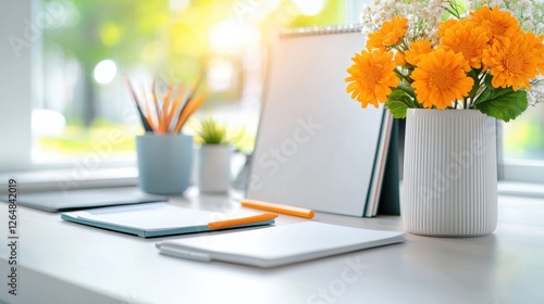 Wallpaper Mural Vibrant Creative Workspace with Mood Boards and Floral Accents  Bright orange flowers in a white vase add a touch of nature and color to this modern minimalist office desk setup with a laptop Torontodigital.ca