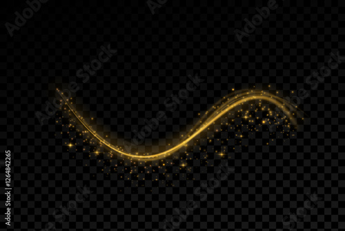 Gold curved light line, rope, spiral, tape. Smooth festive gold line png with light effects. Light golden Twirl png. Curve light effect of golden line.