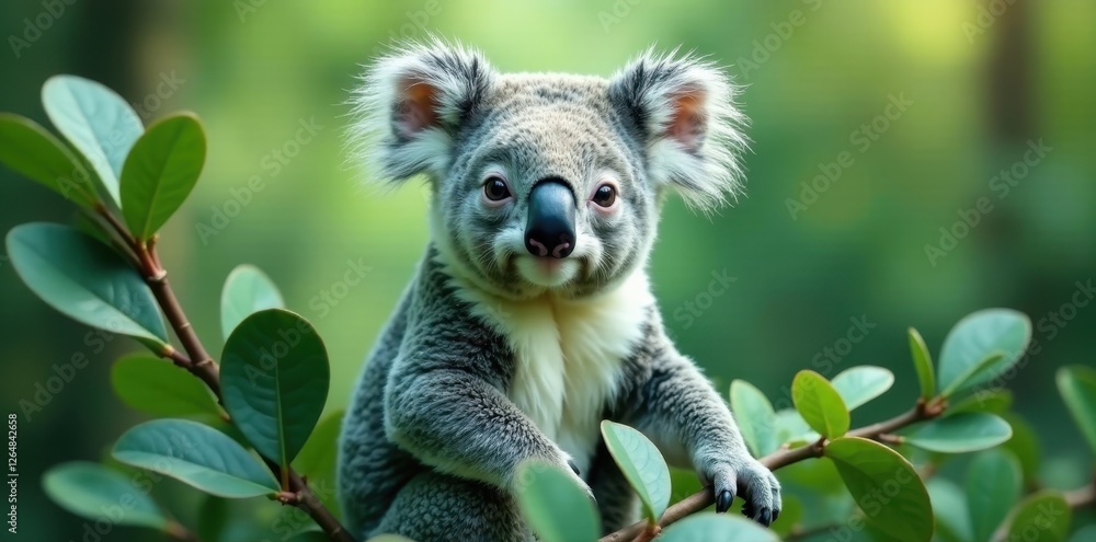Fototapeta premium Adorable Koala Bear Cub Perched on Lush Green Foliage, Exhibiting a Curious and Innocent Expression