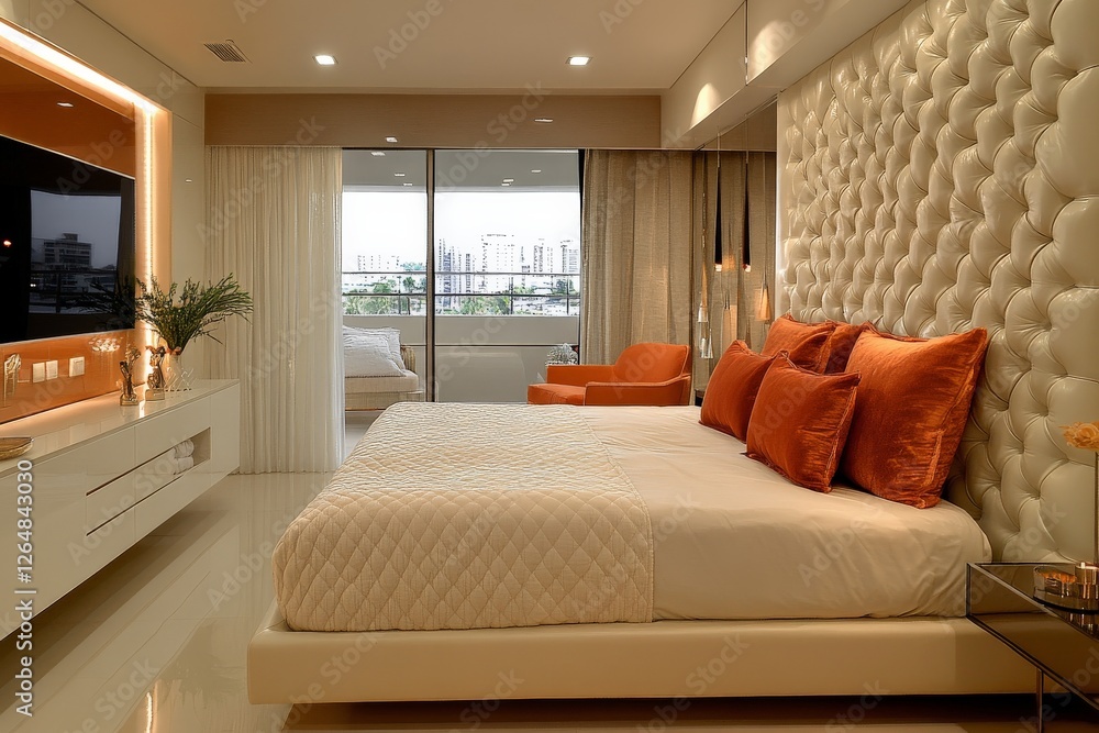 Modern bedroom with orange accents and a city view in bright daylight showcases contemporary design Modern bedroom with orange accents and a city view in bright daylight showcases contemporary design
