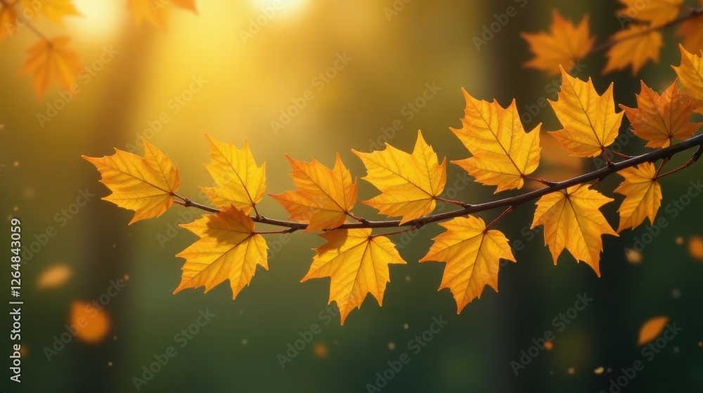 Golden Autumn Leaves on a Branch Illuminated by Warm Sunlight, Gently Swaying in a Soft Breeze Golden Autumn Leaves on a Branch Illuminated by Warm Sunlight, Gently Swaying in a Soft Breeze