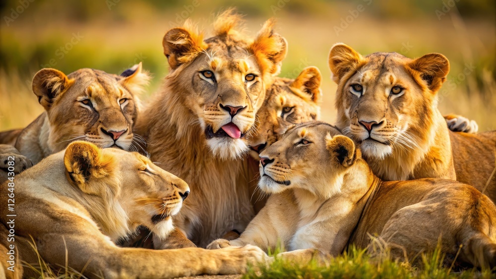 Majestic Lions Relaxing Together in Their Natural Habitat at Sunset Majestic Lions Relaxing Together in Their Natural Habitat at Sunset
