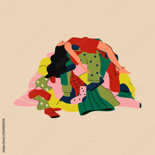 A woman lying on top of a pile of clothes with an anxious expression, representing depression, stress, and the overwhelming burden of household duties