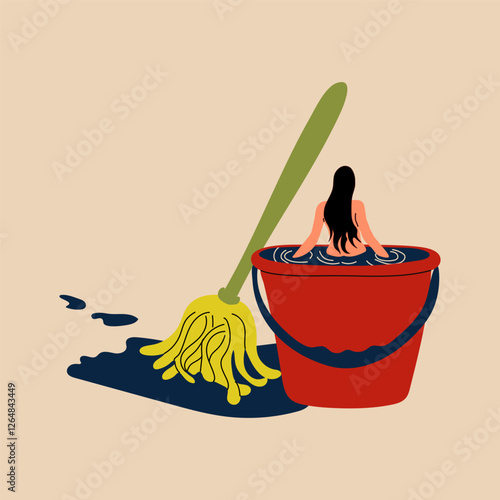A woman completely absorbed in cleaning, showing an anxious expression. A representation of depression, stress, and the overwhelming burden of household duties