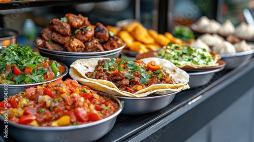 Wallpaper Mural Vibrant and Bustling Street Food Market Stall Showcasing a Diverse Array of Appetizing Culinary Offerings from Grilled Meats and Sizzling Snacks to Colorful Dips and Garnishes Torontodigital.ca