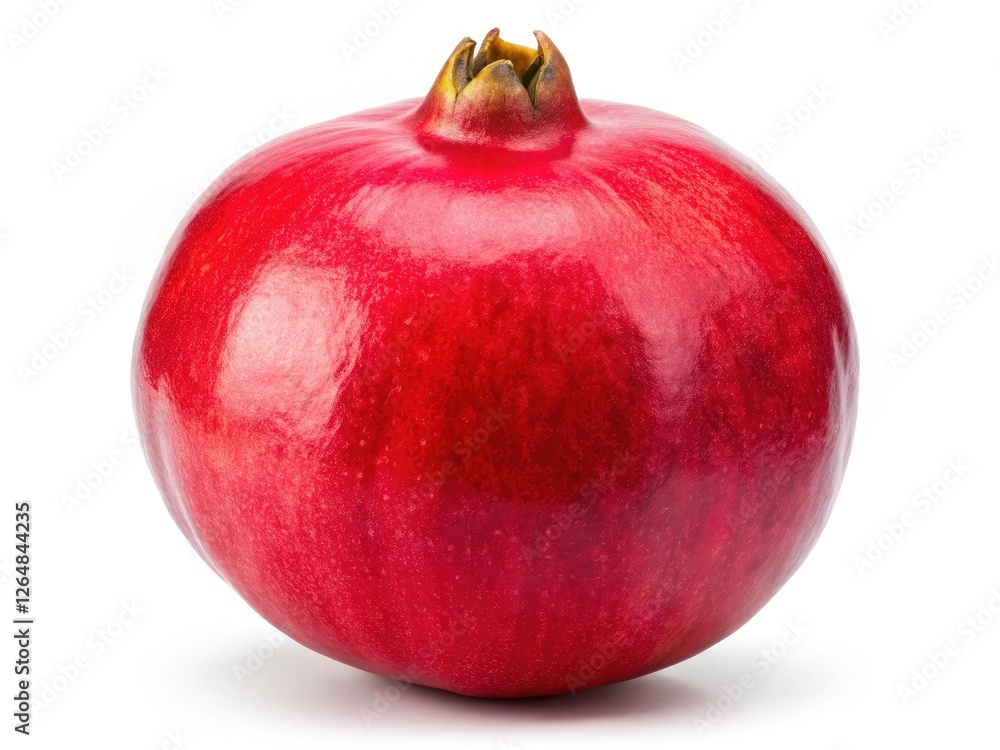 Lush panoramic view: a single, juicy pomegranate, vibrant red, perfectly isolated against a crisp white backdrop. Lush panoramic view: a single, juicy pomegranate, vibrant red, perfectly isolated against a crisp white backdrop.