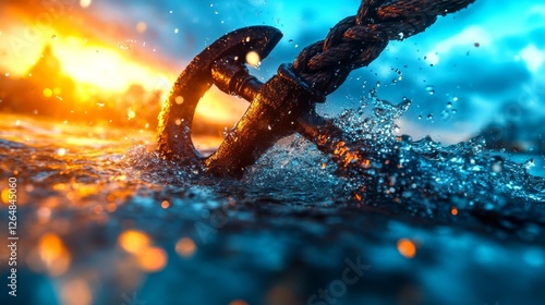 A beautiful anchor submerged in water with splashes and a rope. Generative AI photo