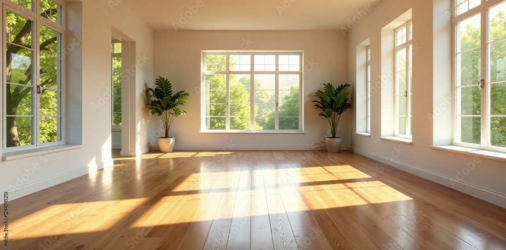 Fototapeta premium Sunlit Empty Room with Hardwood Floors and Abundant Natural Light Streaming Through Large Windows