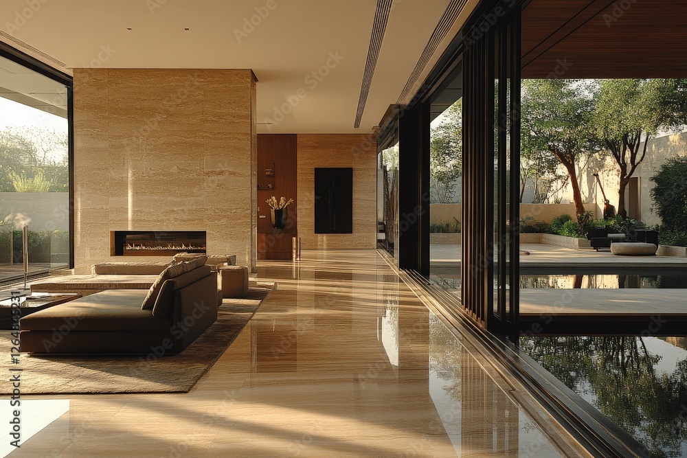 Contemporary living room with large windows showcasing a tranquil outdoor space during golden hour Contemporary living room with large windows showcasing a tranquil outdoor space during golden hour