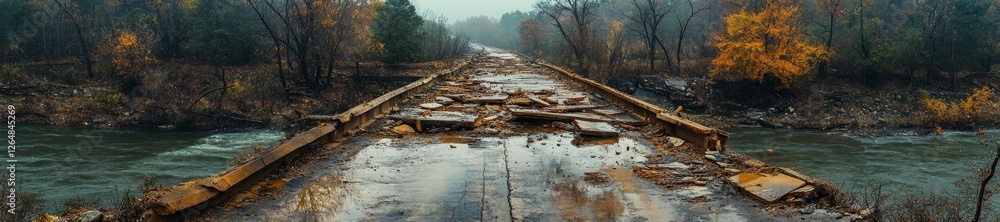 Destroyed Bridge Across River in a Post-apocalyptic Setting Amid Autumn Trees. Generative AI Destroyed Bridge Across River in a Post-apocalyptic Setting Amid Autumn Trees. Generative AI