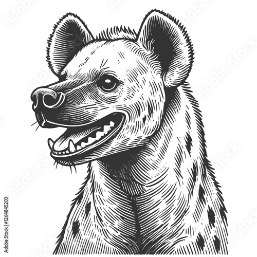 Laughing hyena with a mischievous grin, depicted in an engraved, woodcut style with intricate fur details sketch engraving generative ai vector illustration. Scratch board. Black and white image.