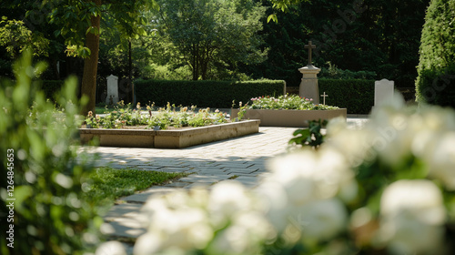 Family Cemetery Plot Surrounded by Flowers and a Stone Wall photo