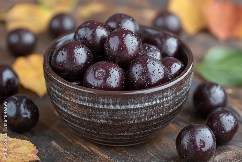 Freshly harvested dark grapes in a rustic bowl surrounded by autumn leaves on a wooden table Freshly harvested dark grapes in a rustic bowl surrounded by autumn leaves on a wooden table
