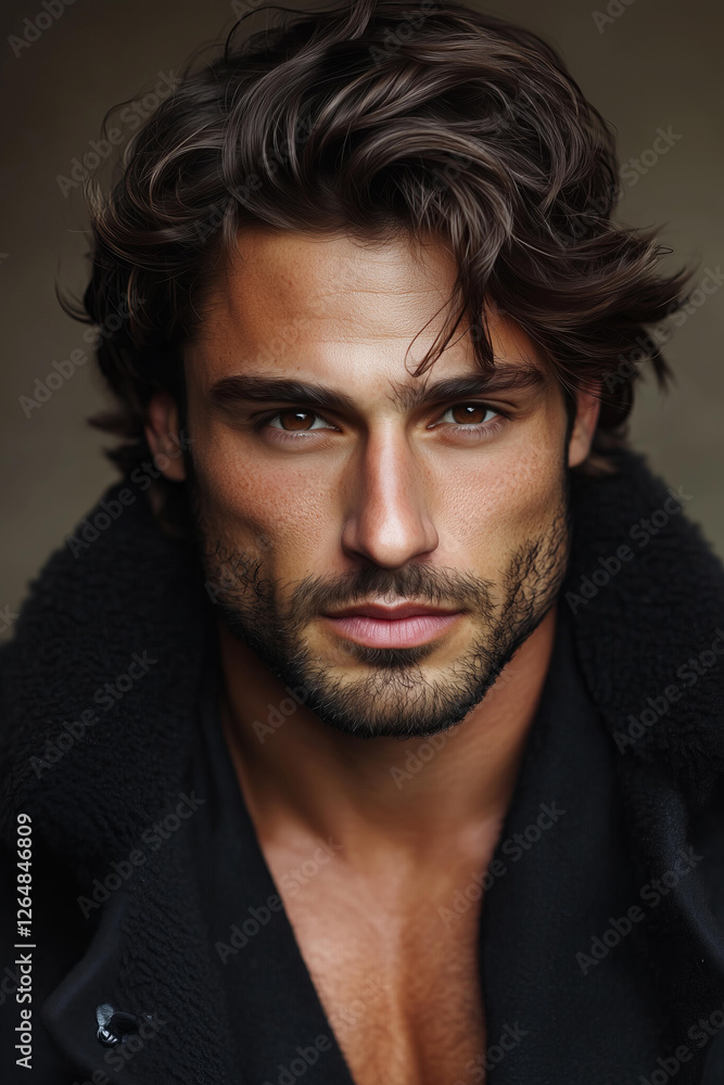 Obraz premium photo of a young Mediterranean man with tanned skin, chiseled jawline, and tousled dark brown hair, gazing intensely at the camera. His facial features are strong and well-defined 