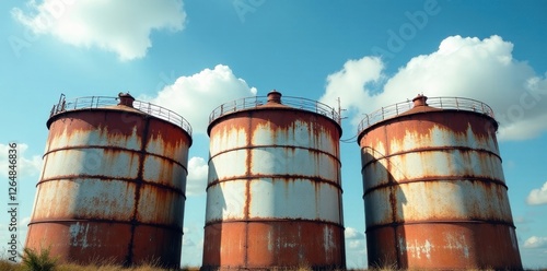 Three aged industrial storage tanks stand weathered against a vibrant blue sky dotted with fluffy white clouds