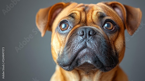 Close-up of an adorable dog with expressive eyes and a soft face looking up. Generative AI photo