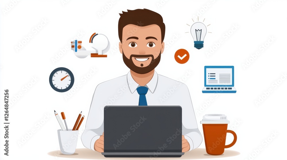 Smiling Businessman Working at Desk with Laptop and Office Supplies in a Business Themed Flat Concept of Productivity Efficiency and Success in a Corporate or Entrepreneurial Setting Smiling Businessman Working at Desk with Laptop and Office Supplies in a Business Themed Flat Concept of Productivity Efficiency and Success in a Corporate or Entrepreneurial Setting