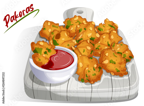 Potato Pakoras Served on Rustic Wooden Board with Ketchup. Authentic Indian Street Fried Fritters Illustration