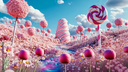 Pink Candy Land With Swirling Lollipop Tower And Flower Field