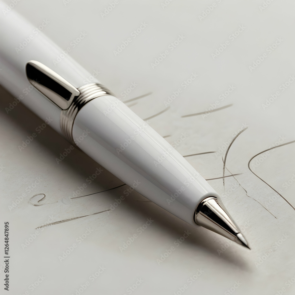 Fototapeta premium A sleek, minimalist white ballpoint pen, isolated on a transparent background. The pen has a smooth, matte or slightly glossy white barrel with a simple and modern design. The tip is metallic.