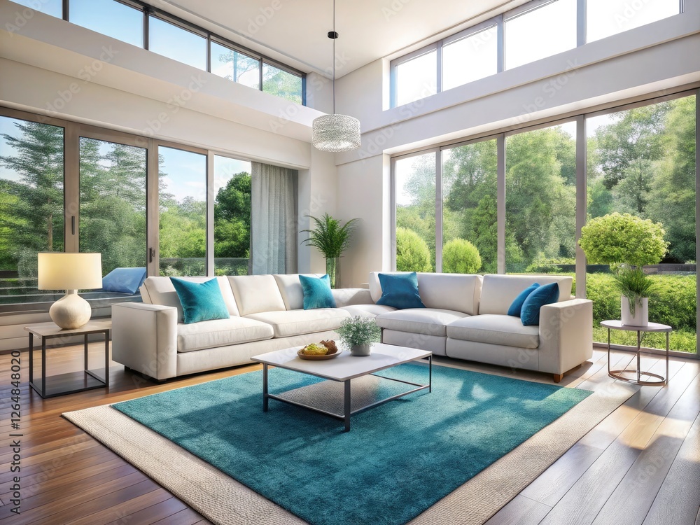 Fototapeta premium Modern white living room, spacious with blue rug, opens to patio.