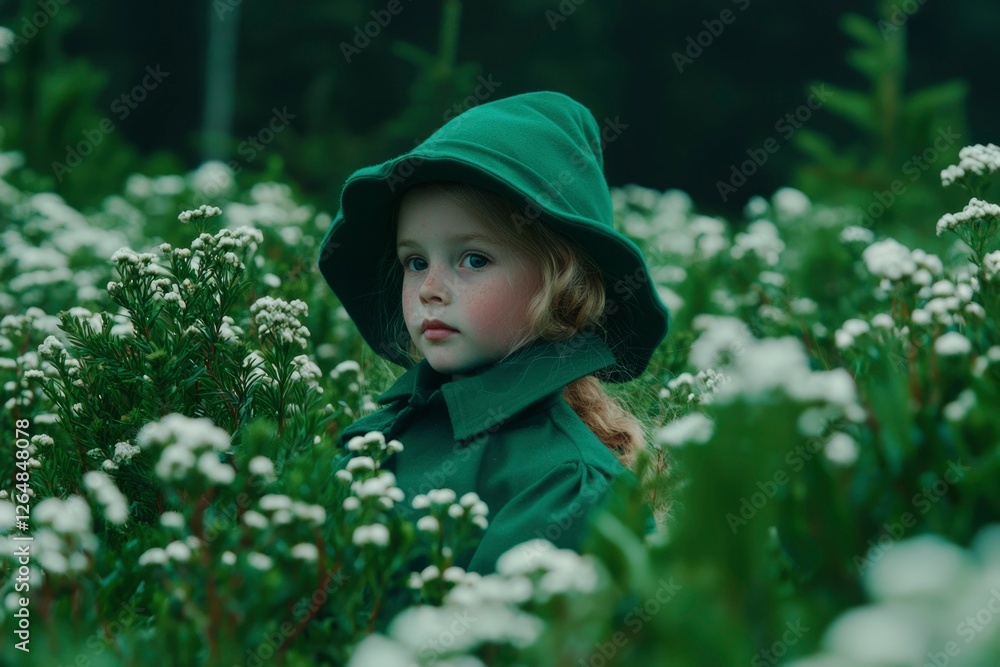 Girl in green outfit in flower field, nature background, whimsical for editorial Girl in green outfit in flower field, nature background, whimsical for editorial