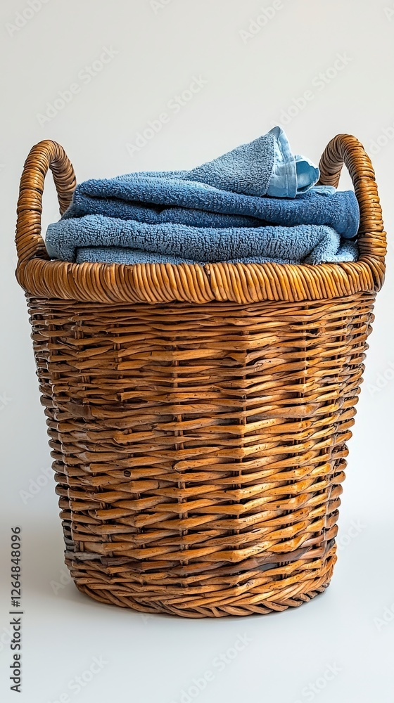 Obraz premium A soothing arrangement of soft blue towels placed in an elegant wicker basket, set against a muted background, reflecting tranquility and cleanliness, perfect for bath lovers.