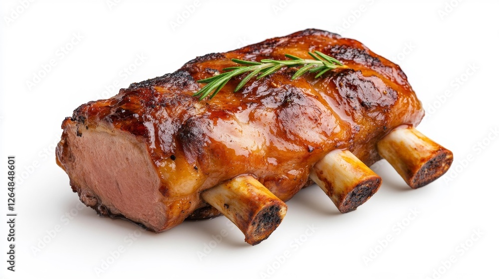 Grilled Pork Ribs with Glaze and Fresh Rosemary on a White Background. Generative AI Grilled Pork Ribs with Glaze and Fresh Rosemary on a White Background. Generative AI