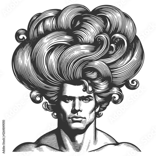 gentleman with an incredibly large, curly hairstyle, blending humor, surrealism, and vintage artistic style sketch engraving generative ai vector illustration. Scratch board. Black and white image.