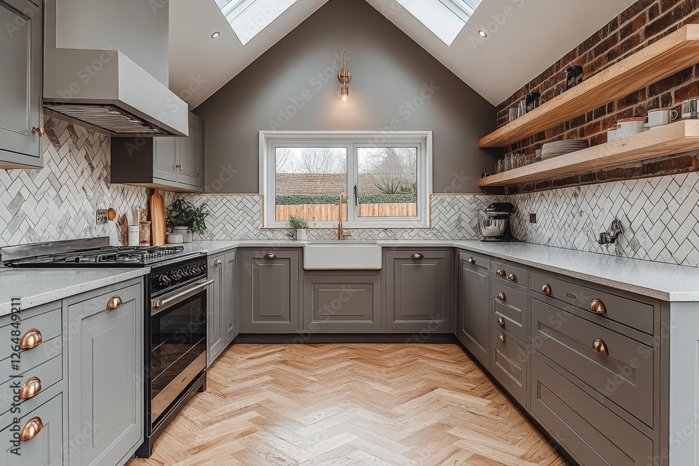 Modern kitchen design with gray cabinetry and herringbone tiles in a spacious, bright environment Modern kitchen design with gray cabinetry and herringbone tiles in a spacious, bright environment