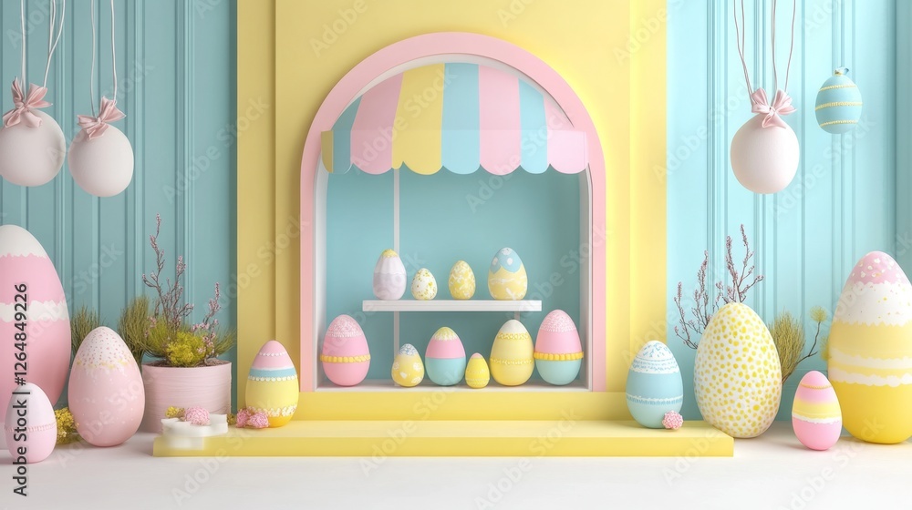 Colorful Easter Egg Display with Pastel Background and Decorations Colorful Easter Egg Display with Pastel Background and Decorations