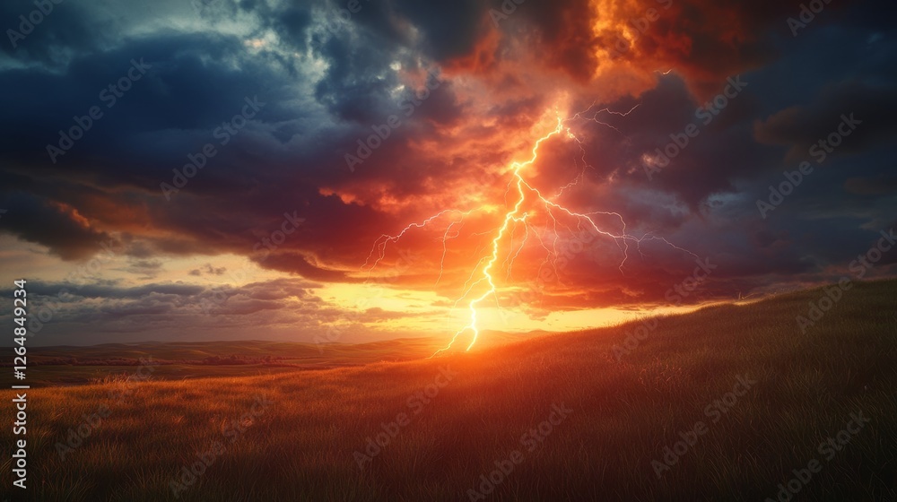 Brilliant Lightning Strike at Sunset Over Calm Grassy Knoll Brilliant Lightning Strike at Sunset Over Calm Grassy Knoll