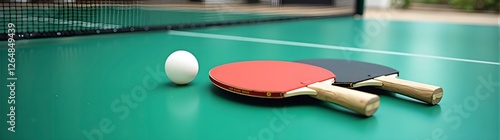 Two ping pong paddles and a ball on a table