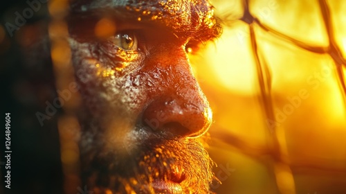 Close-up of a Strong Man's Face in a Wild Environment at Sunset. Generative AI photo