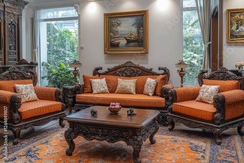 Wallpaper Mural Elegant living room with ornate furniture and vibrant decor in a well-lit space surrounded by greenery Torontodigital.ca