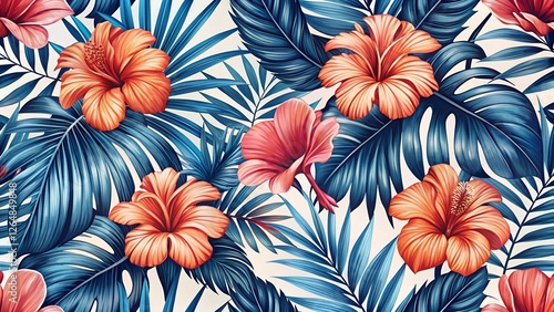 Wallpaper Mural Retro Tiki Hibiscus Pattern with Bold Palms Torontodigital.ca