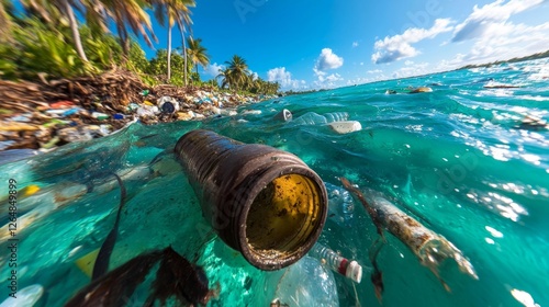 Plastic Bottles Floating on Ocean Waves with Littered Shoreline. Generative AI photo