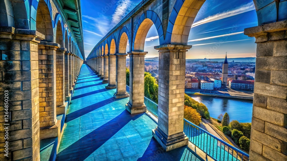 Blue Tunnel Bridge, Stone Columns, Minimalist Architecture