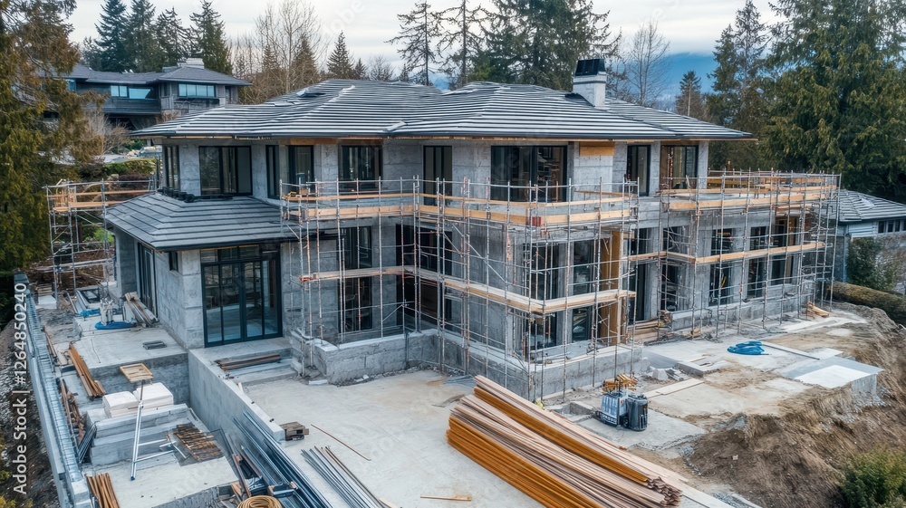 Obraz premium Luxurious home under construction surrounded by trees