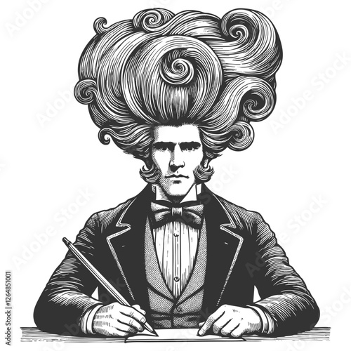 gentleman with an incredibly large, curly hairstyle, blending humor, surrealism, and vintage artistic style sketch engraving generative ai vector illustration. Scratch board. Black and white image.