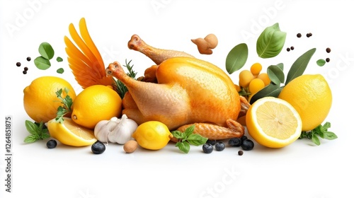 Roast Chicken with Lemons and Fresh Herbs. Generative AI photo