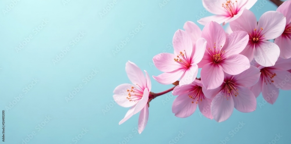 Delicate Pink Blossoms on a Branch Against a Soft Blue Background, Symbolizing Spring's Gentle Arrival and the Beauty of Nature's Ephemeral Blooms Delicate Pink Blossoms on a Branch Against a Soft Blue Background, Symbolizing Spring's Gentle Arrival and the Beauty of Nature's Ephemeral Blooms