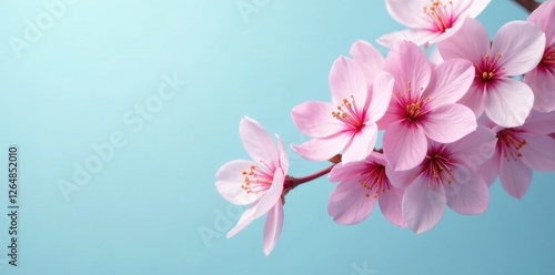 Delicate Pink Blossoms on a Branch Against a Soft Blue Background, Symbolizing Spring's Gentle Arrival and the Beauty of Nature's Ephemeral Blooms