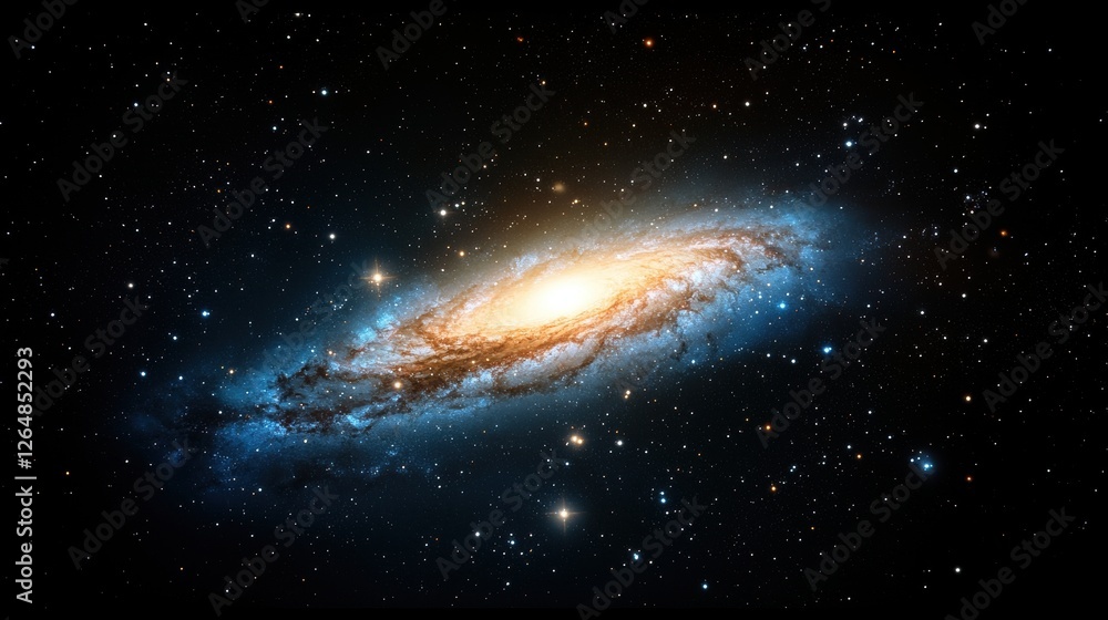 Fototapeta premium Galaxy with bright blue star at the center surrounded by distant stars and nebulae