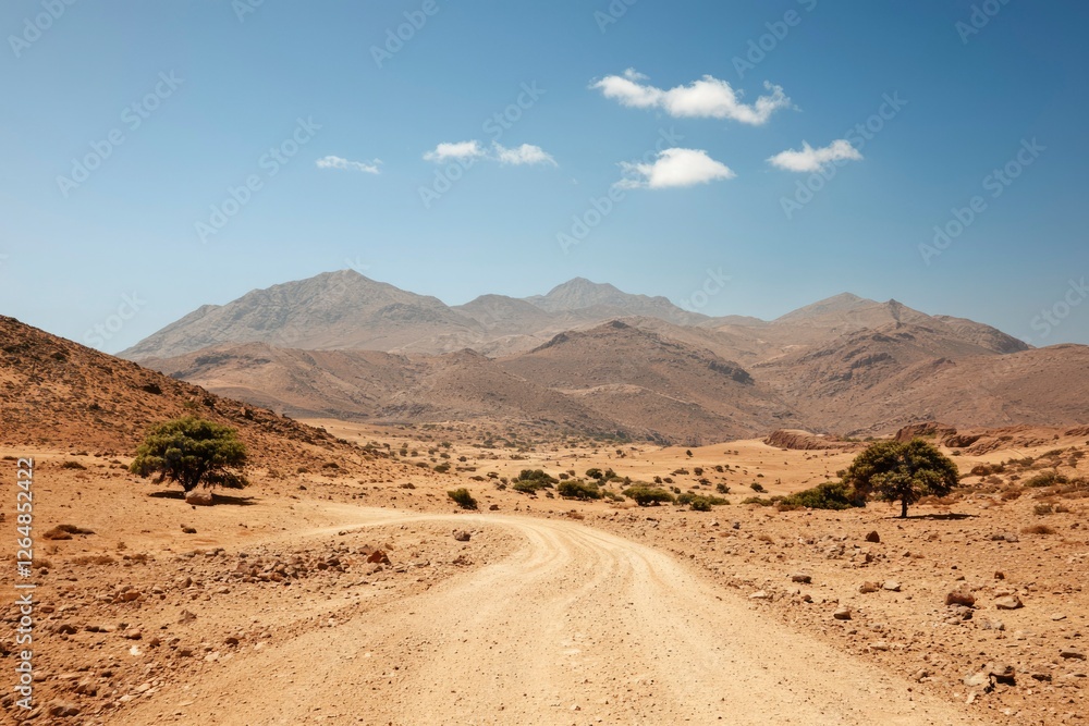Desert road leads to mountains, sunny day with few clouds, travel, adventure Desert road leads to mountains, sunny day with few clouds, travel, adventure