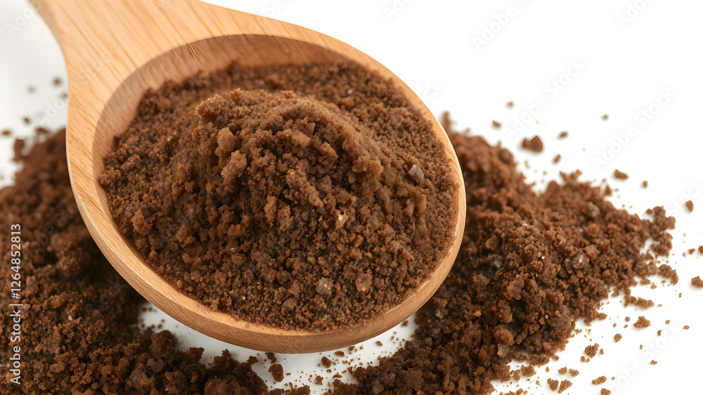 Dark muscovado sugar or Barbados sugar in wooden spoon isolated on white background Dark muscovado sugar or Barbados sugar in wooden spoon isolated on white background