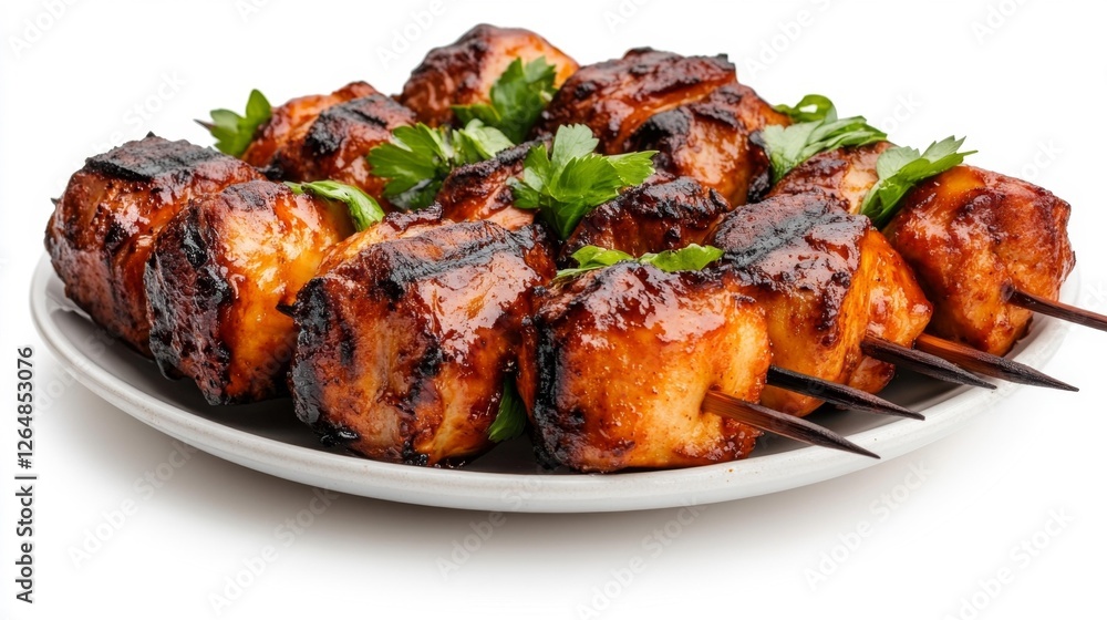 Grilled Chicken Skewers with Barbecue Sauce and Garnish. Generative AI Grilled Chicken Skewers with Barbecue Sauce and Garnish. Generative AI