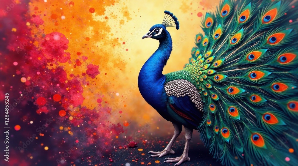Fototapeta premium Majestic Peacock Displaying Vibrant Plumage Against a Colorful Abstract Background